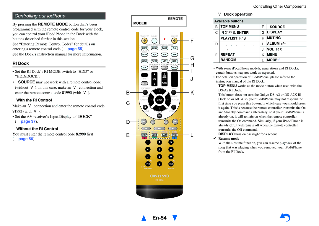 Onkyo TX-NR414 En-54, Controlling Your iPod/iPhone, With the RI Control, Without the RI Control, UDock operation 