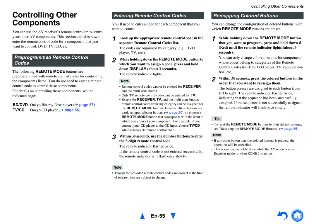 Onkyo TX-NR414 Controlling Other Components, En-55, Preprogrammed Remote Control Codes, Entering Remote Control Codes 