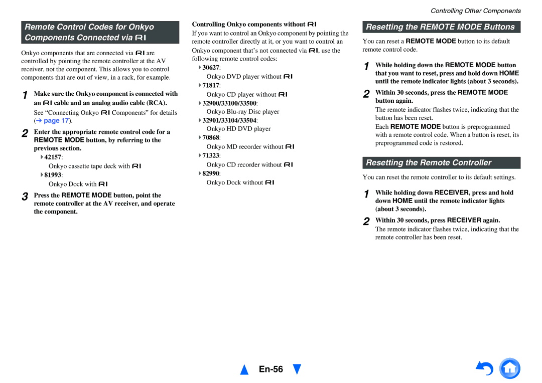 Onkyo TX-NR414 En-56, Remote Control Codes for Onkyo Components Connected via u, Resetting the Remote Mode Buttons 