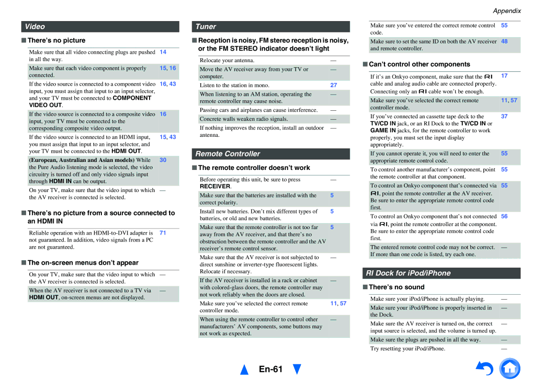 Onkyo TX-NR414 instruction manual En-61, Video, Tuner, Remote Controller, RI Dock for iPod/iPhone 