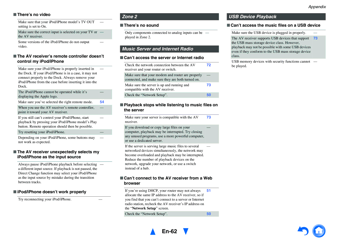 Onkyo TX-NR414 instruction manual En-62, Zone, Music Server and Internet Radio, USB Device Playback 