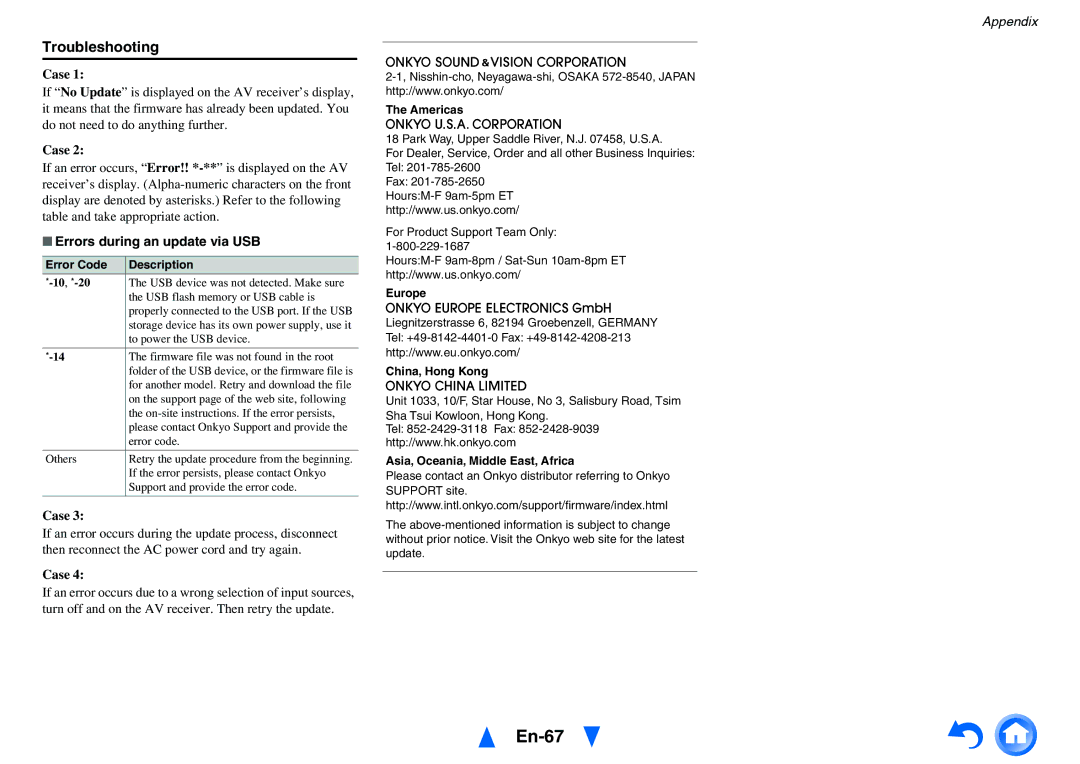 Onkyo TX-NR414 instruction manual En-67, Errors during an update via USB 