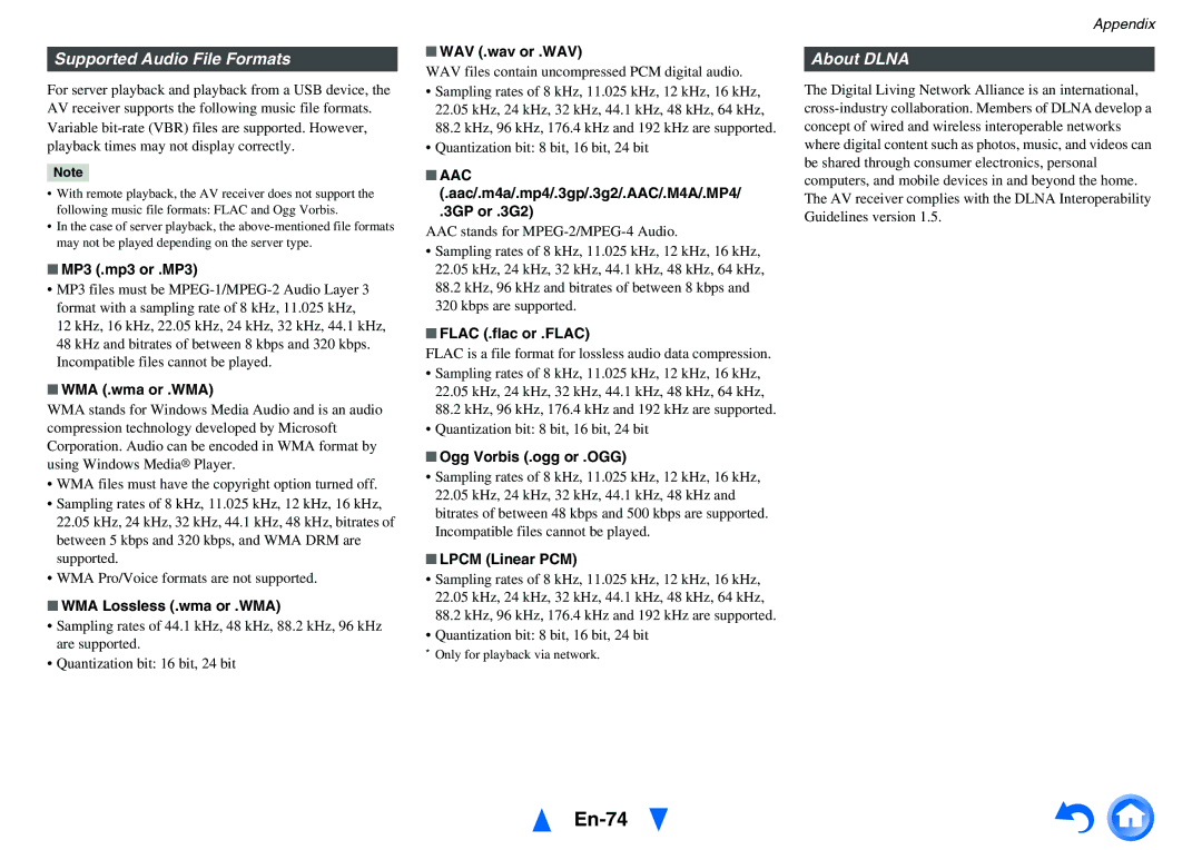 Onkyo TX-NR414 instruction manual En-74, Supported Audio File Formats, About Dlna 