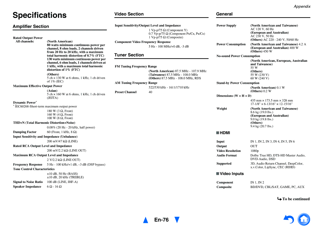 Onkyo TX-NR414 instruction manual Specifications, En-76 