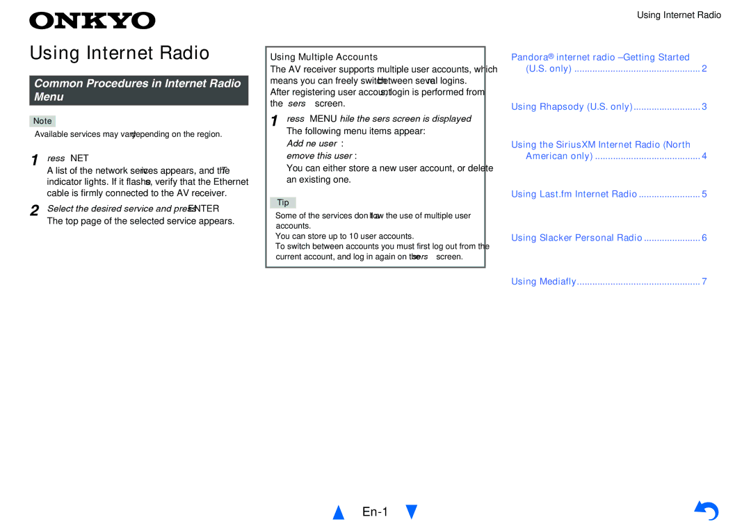 Onkyo TX-NR414 Using Internet Radio, En-1, Common Procedures in Internet Radio Menu, Using Multiple Accounts 