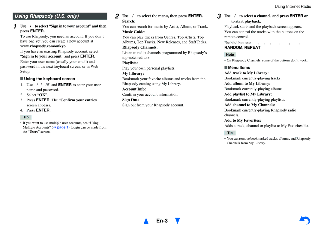 Onkyo TX-NR414 instruction manual Using Rhapsody U.S. only, Using the keyboard screen 