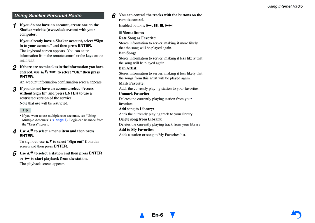 Onkyo TX-NR414 instruction manual Using Slacker Personal Radio 