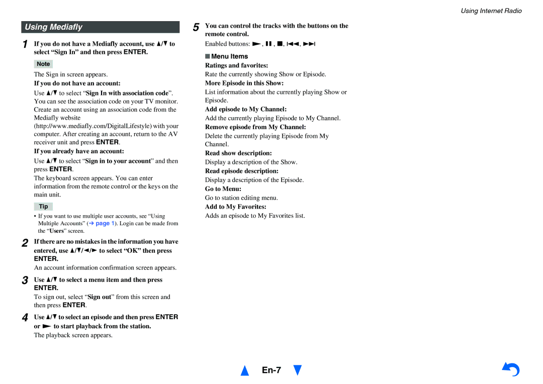 Onkyo TX-NR414 instruction manual Using Mediafly 