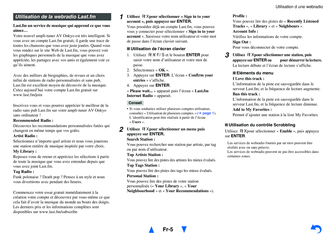 Onkyo TX-NR414 instruction manual Fr-5, Utilisation de la webradio Last.fm, Pour vous déconnecter de votre compte 