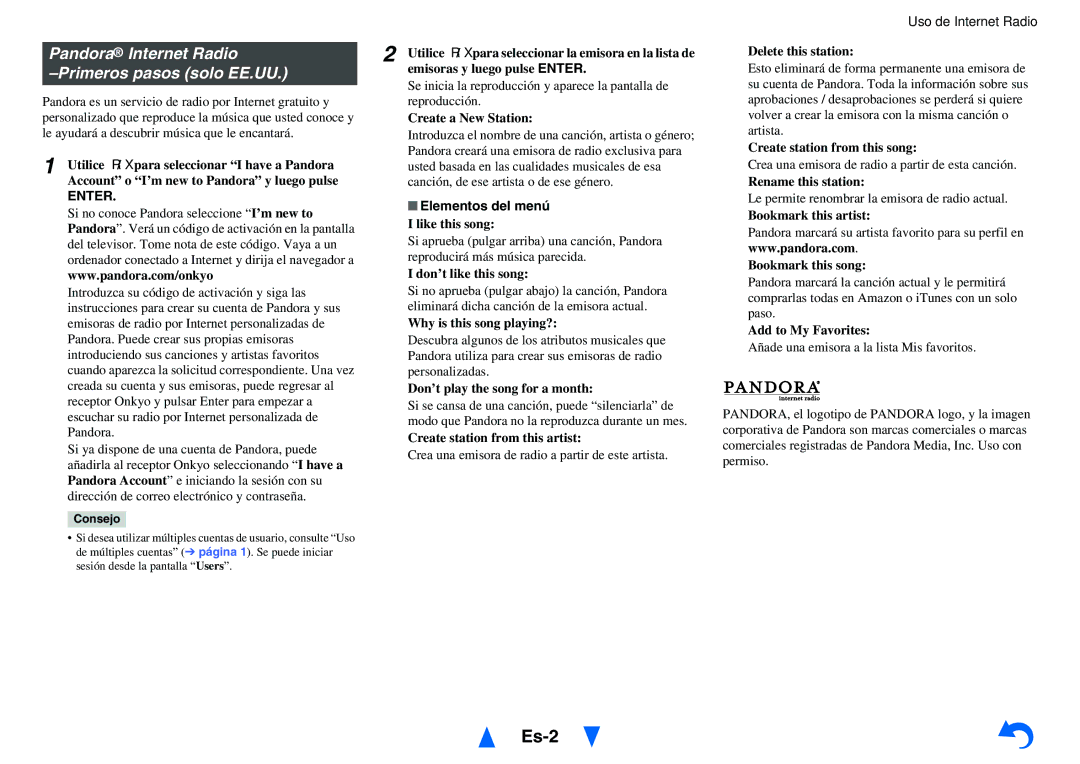 Onkyo TX-NR414 instruction manual Es-2, Primeros pasos solo EE.UU, Elementos del menú 