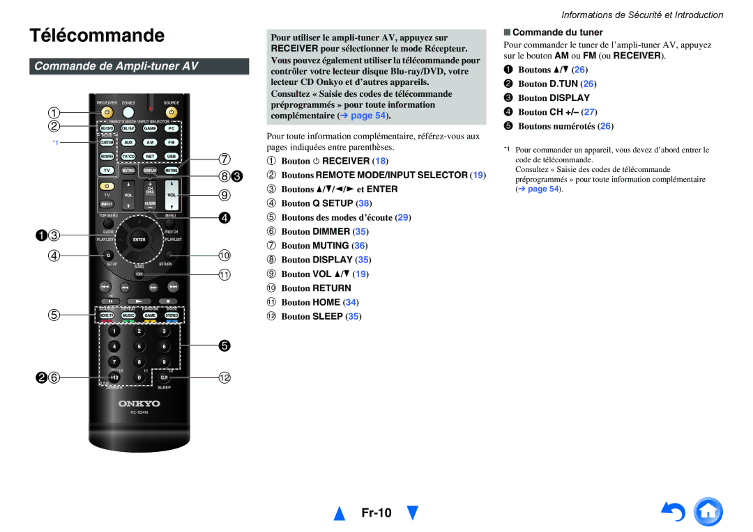 Onkyo TX-NR414 Télécommande, Fr-10, Commande de Ampli-tuner AV, Commande du tuner, Hc b Boutons Remote MODE/INPUT Selector 