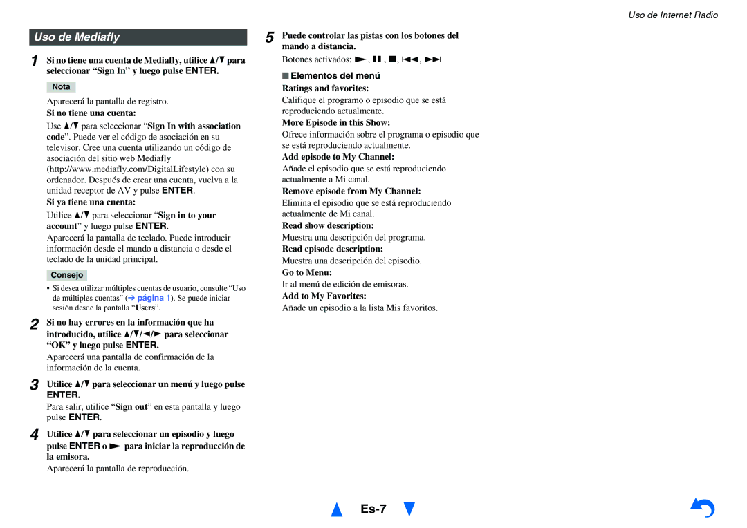 Onkyo TX-NR414 manual Es-7, Uso de Mediafly, Si no tiene una cuenta Si ya tiene una cuenta 