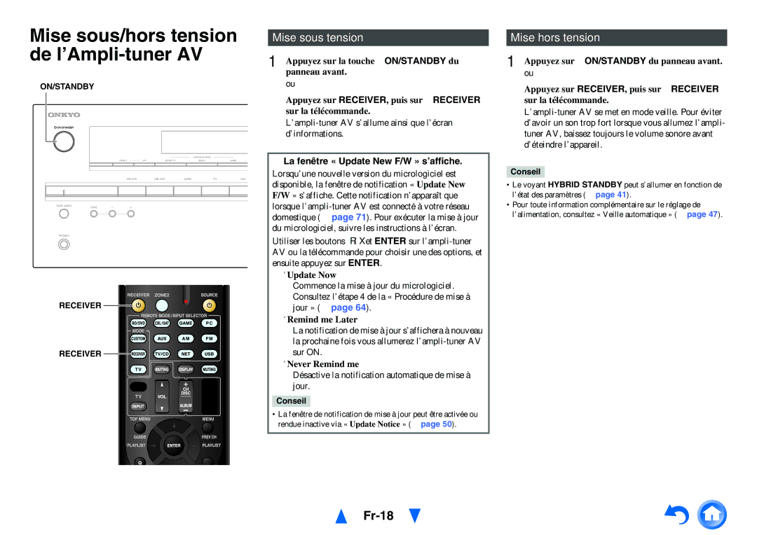 Onkyo TX-NR414 manual Mise sous/hors tension de l’Ampli-tuner AV, Fr-18, Mise sous tension, Mise hors tension 