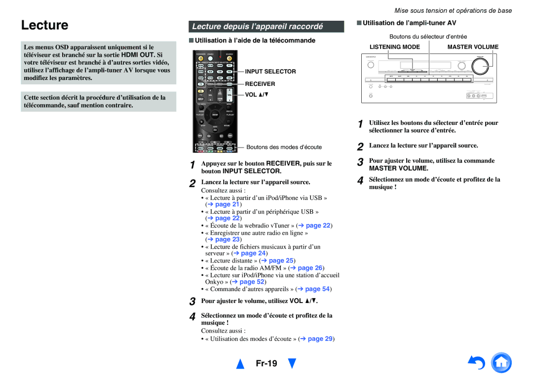 Onkyo TX-NR414 manual Fr-19, Lecture depuis l’appareil raccordé 