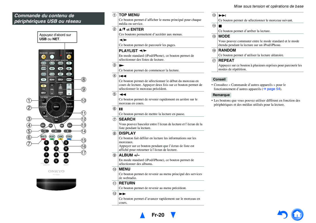 Onkyo TX-NR414 manual Fr-20, Commande du contenu de périphériques USB ou réseau 