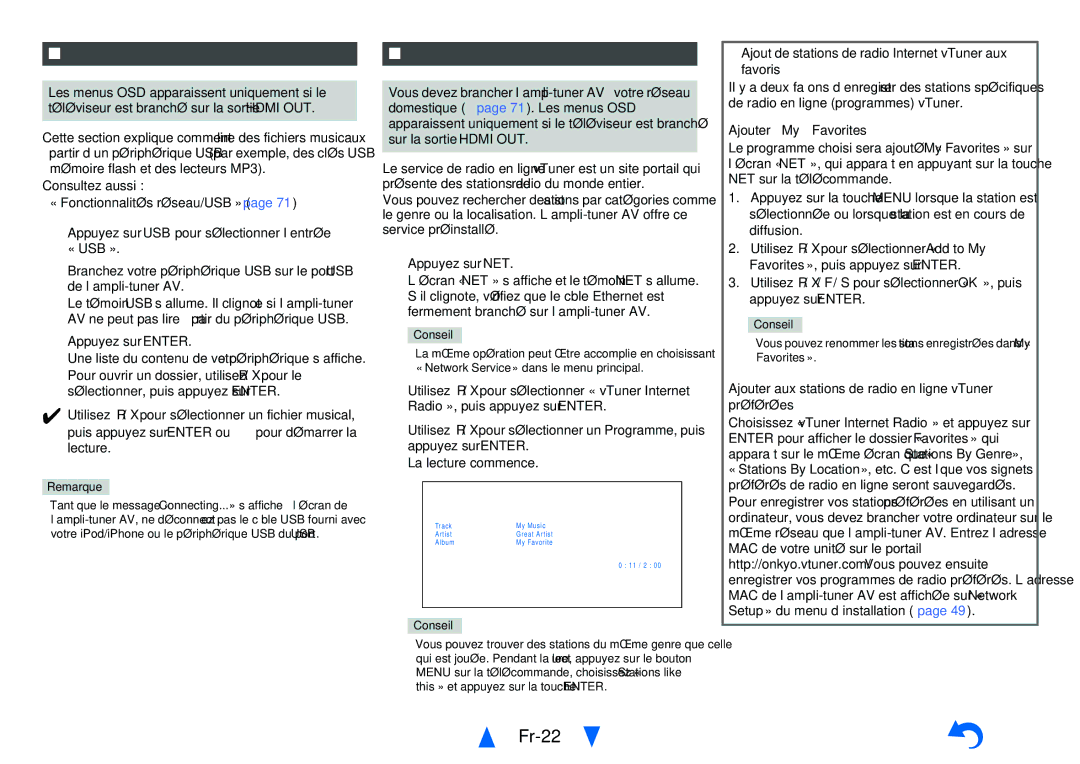 Onkyo TX-NR414 manual Fr-22, Lecture à partir d’un périphérique USB, Écoute de la webradio vTuner 