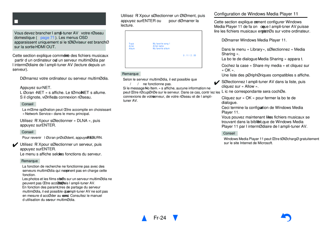 Onkyo TX-NR414 manual Fr-24, Lecture de fichiers musicaux à partir, ’un serveur, Configuration de Windows Media Player 