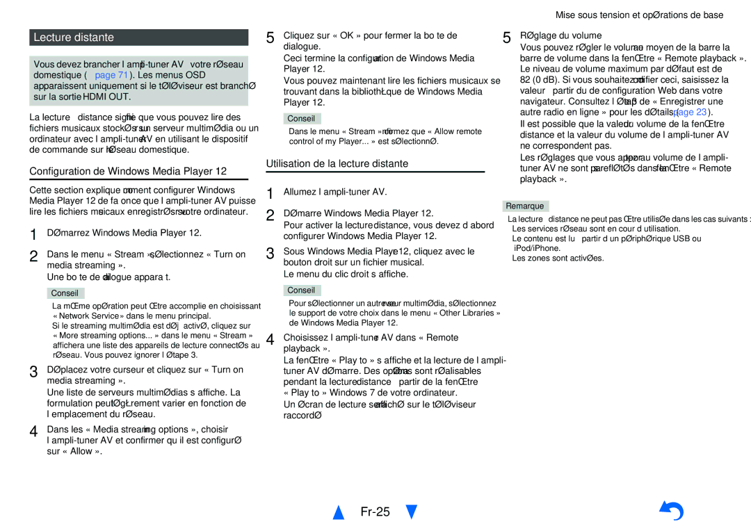 Onkyo TX-NR414 manual Fr-25, Lecture distante, Utilisation de la lecture distante 