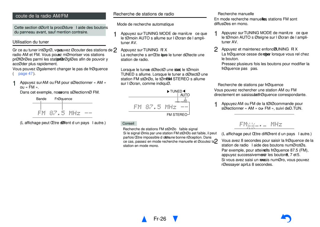 Onkyo TX-NR414 manual Fr-26, Écoute de la radio AM/FM, Utilisation du tuner, Recherche de stations de radio 