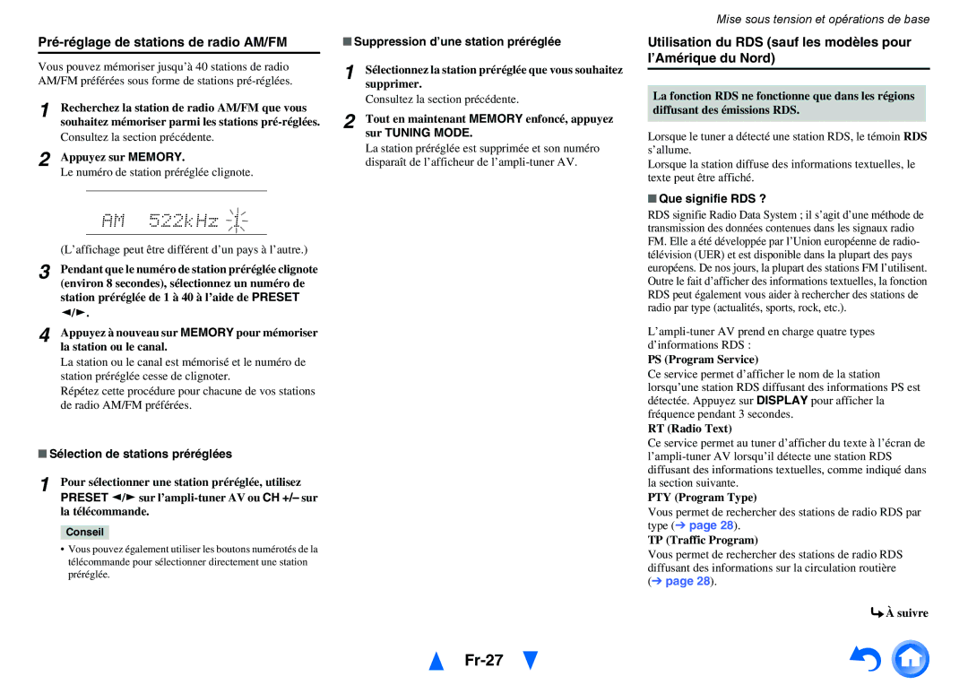 Onkyo TX-NR414 Fr-27, Pré-réglage de stations de radio AM/FM, Utilisation du RDS sauf les modèles pour l’Amérique du Nord 