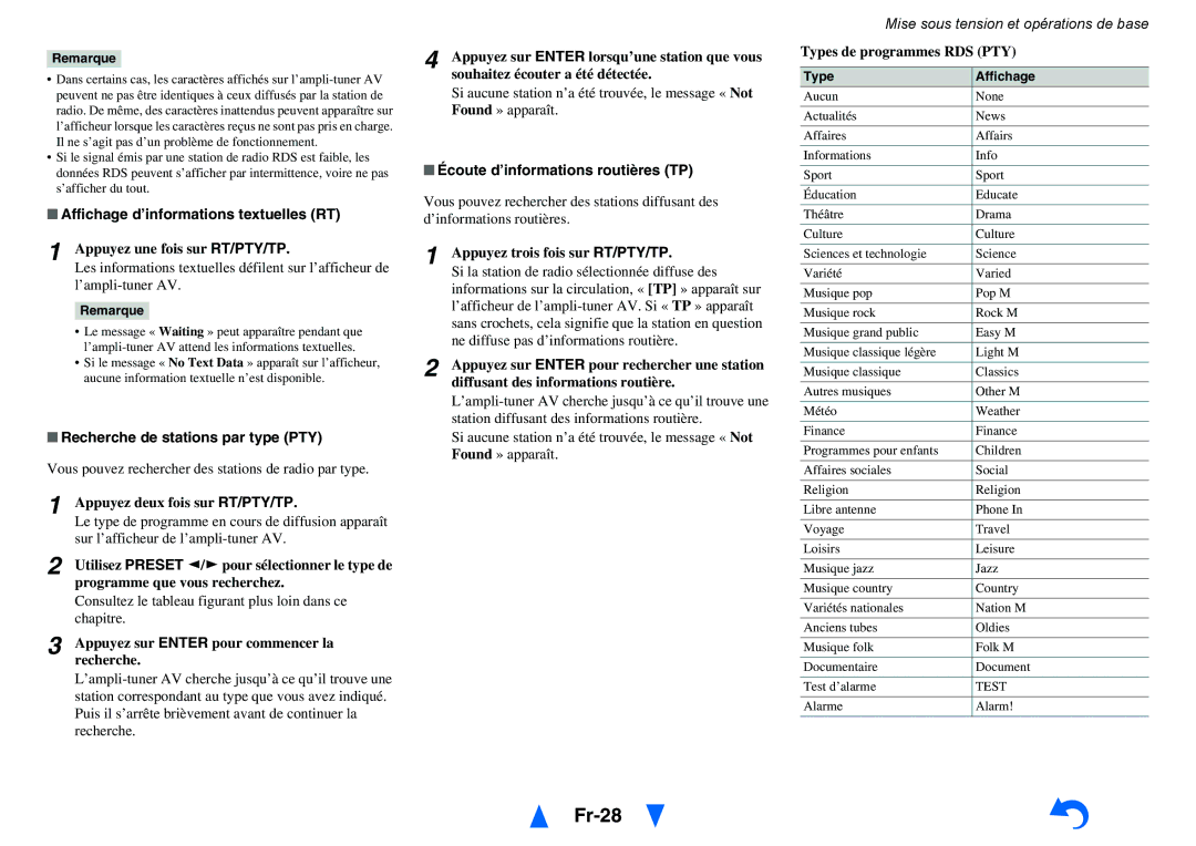 Onkyo TX-NR414 manual Fr-28, Affichage d’informations textuelles RT, Recherche de stations par type PTY 