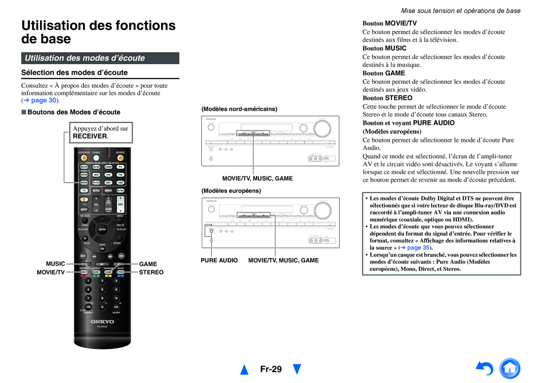 Onkyo TX-NR414 Utilisation des fonctions de base, Fr-29, Utilisation des modes d’écoute, Sélection des modes d’écoute 