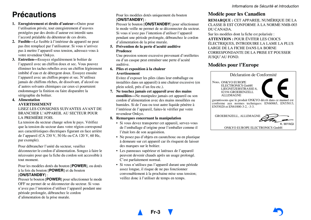 Onkyo TX-NR414 manual Précautions, Fr-3, Alimentation, Prévention de la perte d’acuité auditive Prudence 