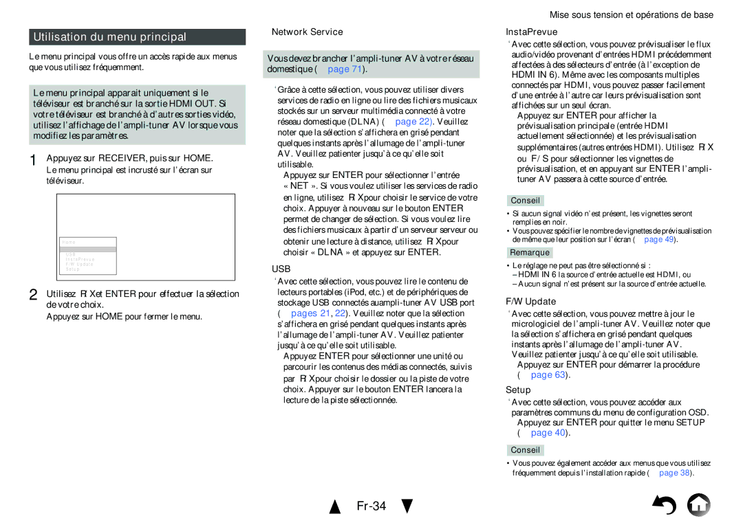 Onkyo TX-NR414 manual Fr-34, Utilisation du menu principal 