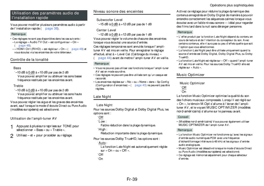 Onkyo TX-NR414 manual Fr-39, Utilisation des paramètres audio de l’installation rapide 