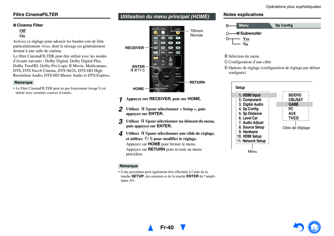 Onkyo TX-NR414 manual Fr-40, Utilisation du menu principal Home, Filtre CinemaFILTER, Cinema Filter, Subwoofer 