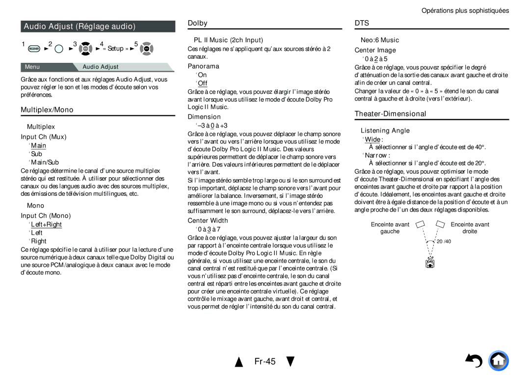 Onkyo TX-NR414 manual Fr-45, Audio Adjust Réglage audio, Dolby, Multiplex/Mono, Theater-Dimensional 