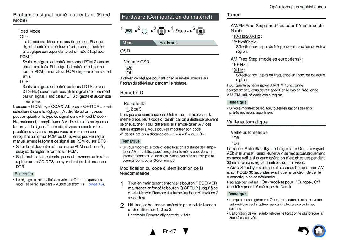 Onkyo TX-NR414 manual Fr-47, Hardware Configuration du matériel 