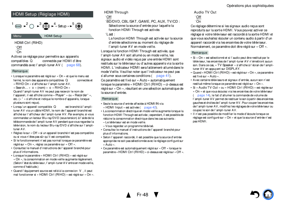 Onkyo TX-NR414 manual Fr-48, Hdmi Setup Réglage Hdmi, Hdmi Ctrl Rihd, Hdmi Through, Audio TV Out 