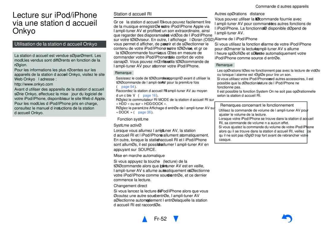 Onkyo TX-NR414 Lecture sur iPod/iPhone via une station d’accueil Onkyo, Fr-52, Utilisation de la station d’accueil Onkyo 