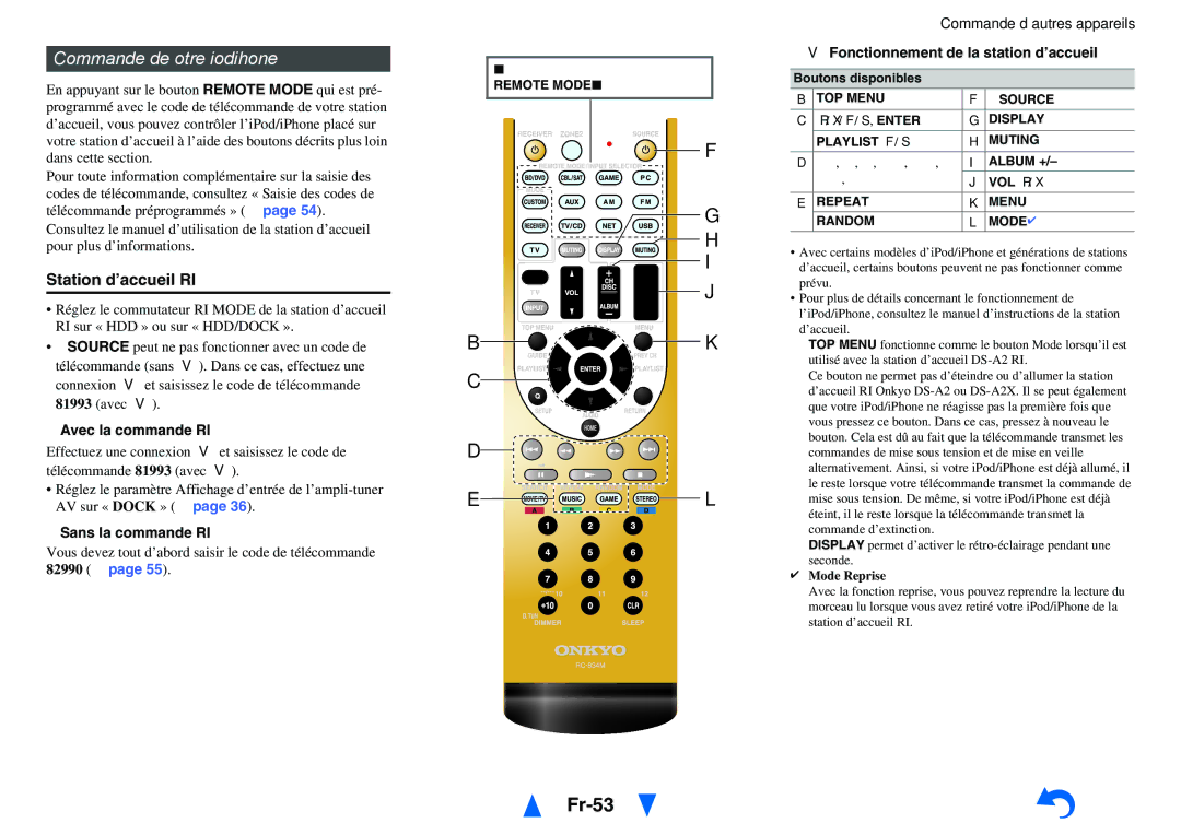 Onkyo TX-NR414 manual Fr-53, Commande de votre iPod/iPhone, Avec la commande RI, Sans la commande RI 