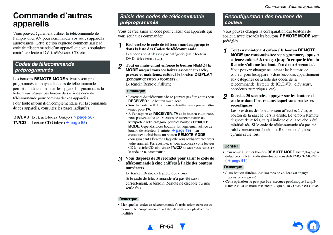 Onkyo TX-NR414 manual Commande d’autres appareils, Fr-54, Codes de télécommande préprogrammés 