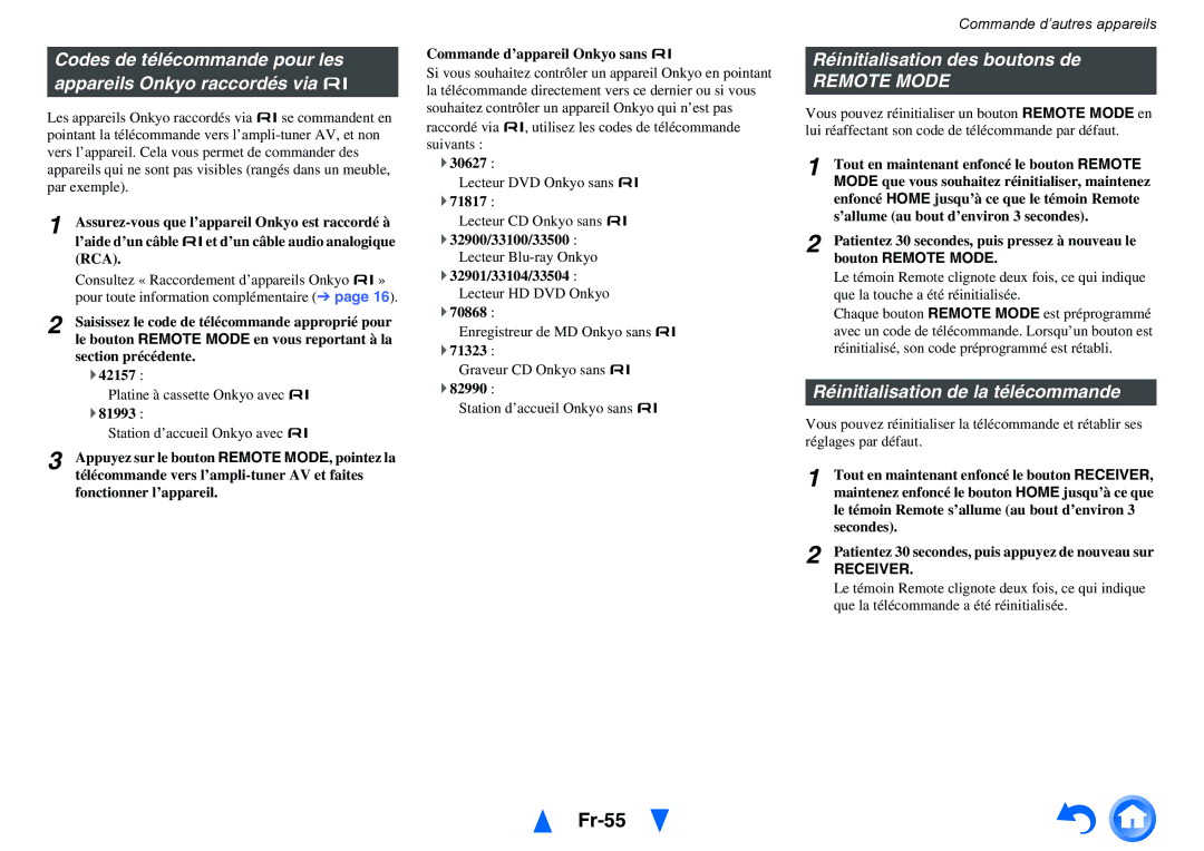 Onkyo TX-NR414 manual Fr-55, Réinitialisation des boutons de, Réinitialisation de la télécommande 