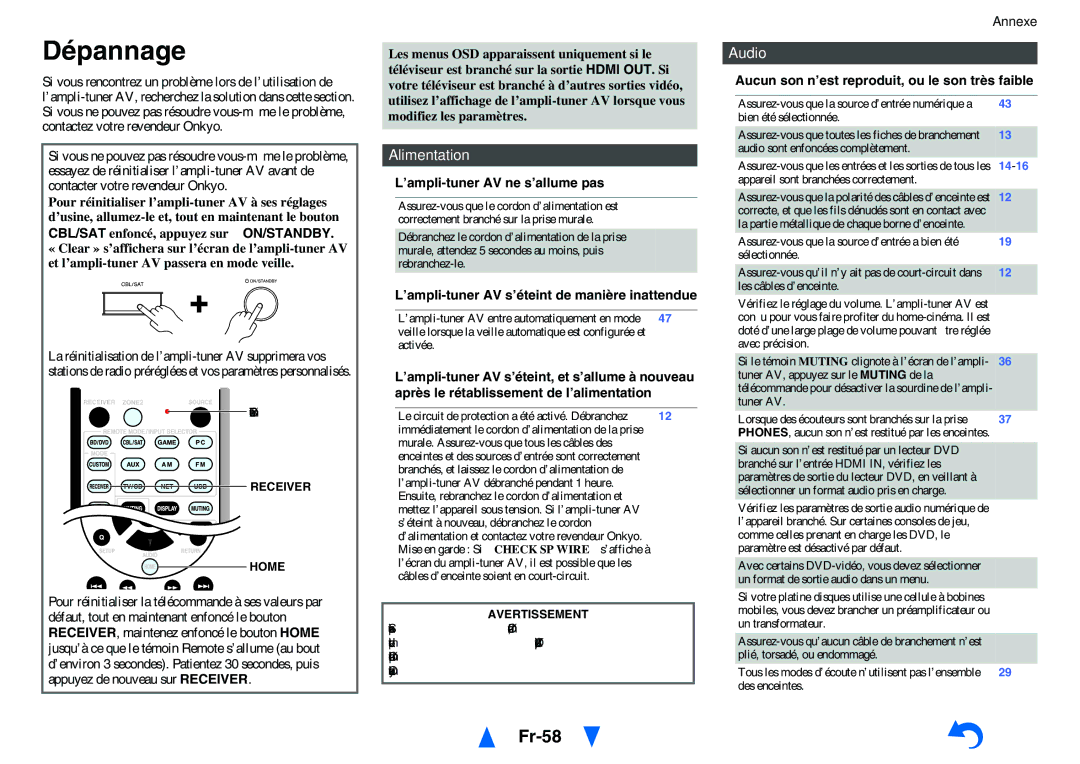 Onkyo TX-NR414 manual Dépannage, Fr-58, Alimentation, Audio 
