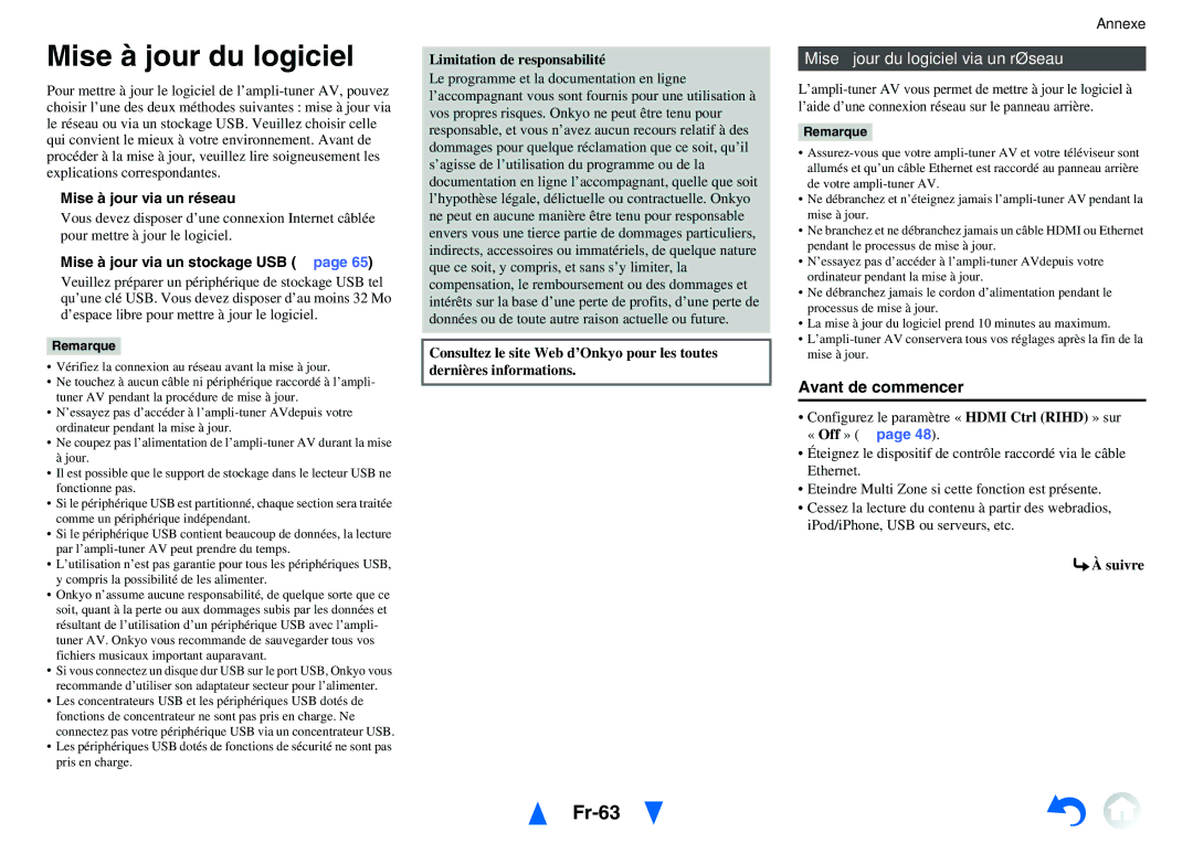 Onkyo TX-NR414 manual Fr-63, Mise à jour du logiciel via un réseau, Avant de commencer 