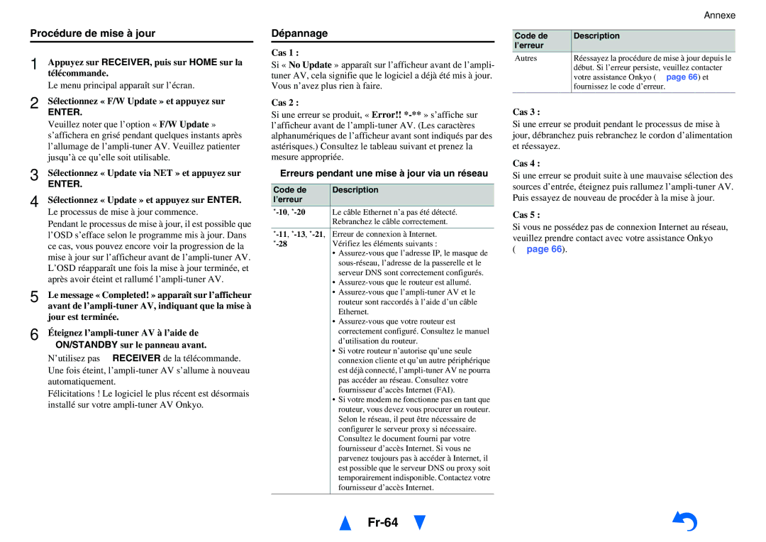 Onkyo TX-NR414 manual Fr-64, Procédure de mise à jour, Dépannage, Erreurs pendant une mise à jour via un réseau 