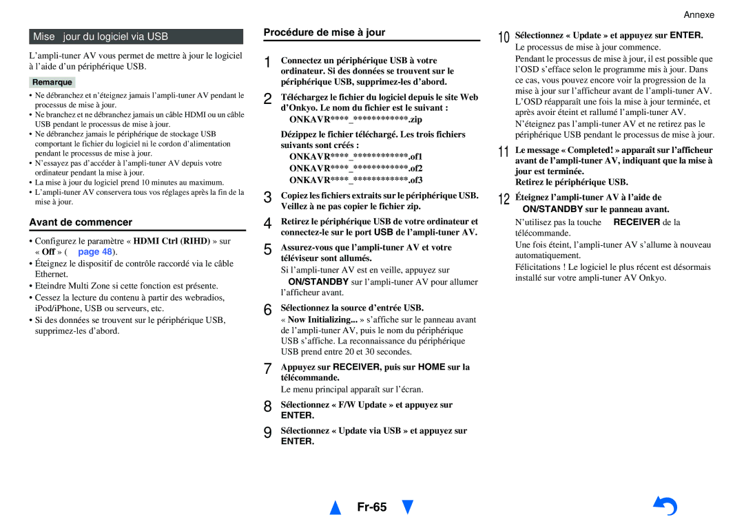 Onkyo TX-NR414 manual Fr-65, Mise à jour du logiciel via USB 