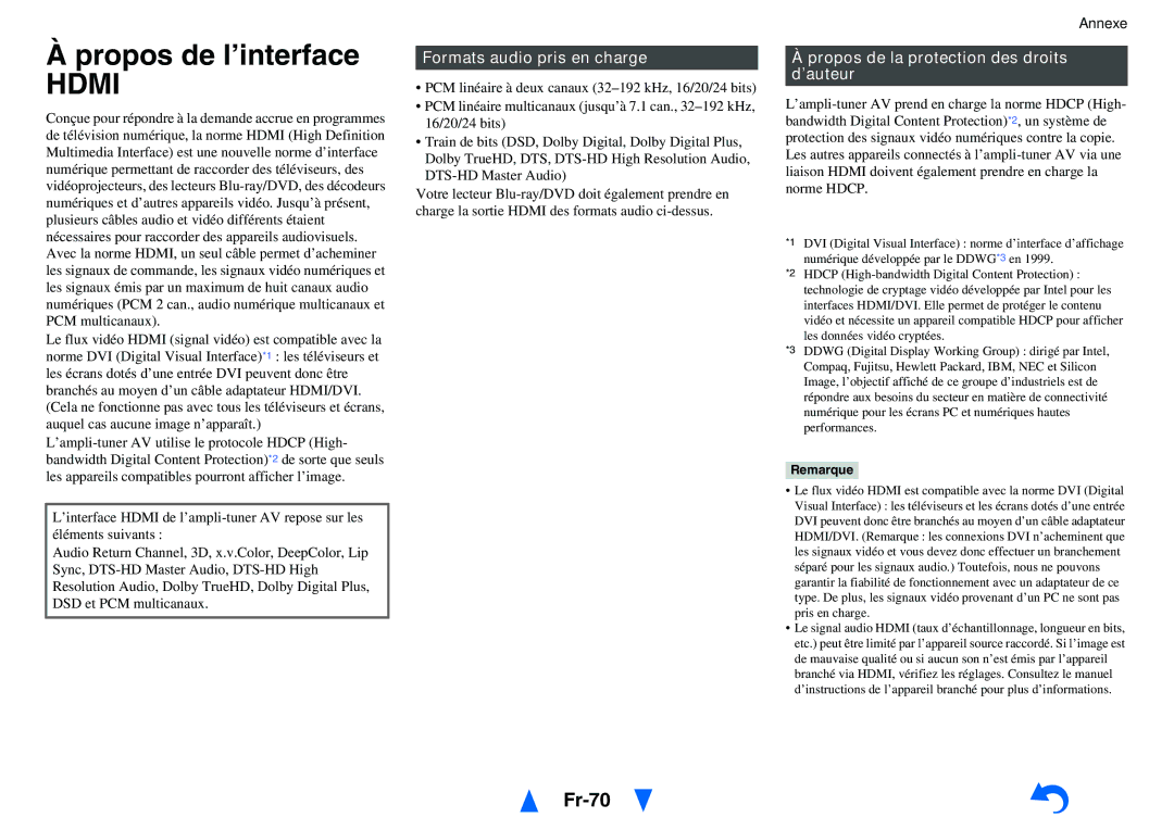 Onkyo TX-NR414 Propos de l’interface, Fr-70, Formats audio pris en charge, Propos de la protection des droits d’auteur 