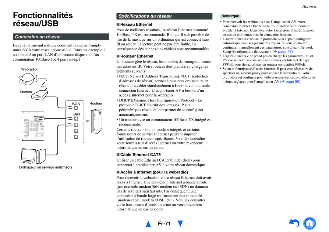 Onkyo TX-NR414 manual Fonctionnalités Réseau/USB, Fr-71, Connexion au réseau, Spécifications du réseau 