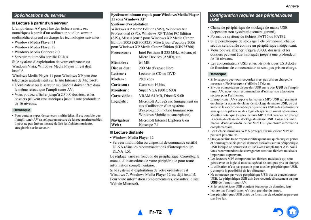 Onkyo TX-NR414 Fr-72, Spécifications du serveur, Configuration requise des périphériques, Lecture à partir d’un serveur 