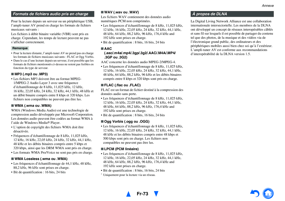 Onkyo TX-NR414 manual Fr-73, Formats de fichiers audio pris en charge, Propos de Dlna 