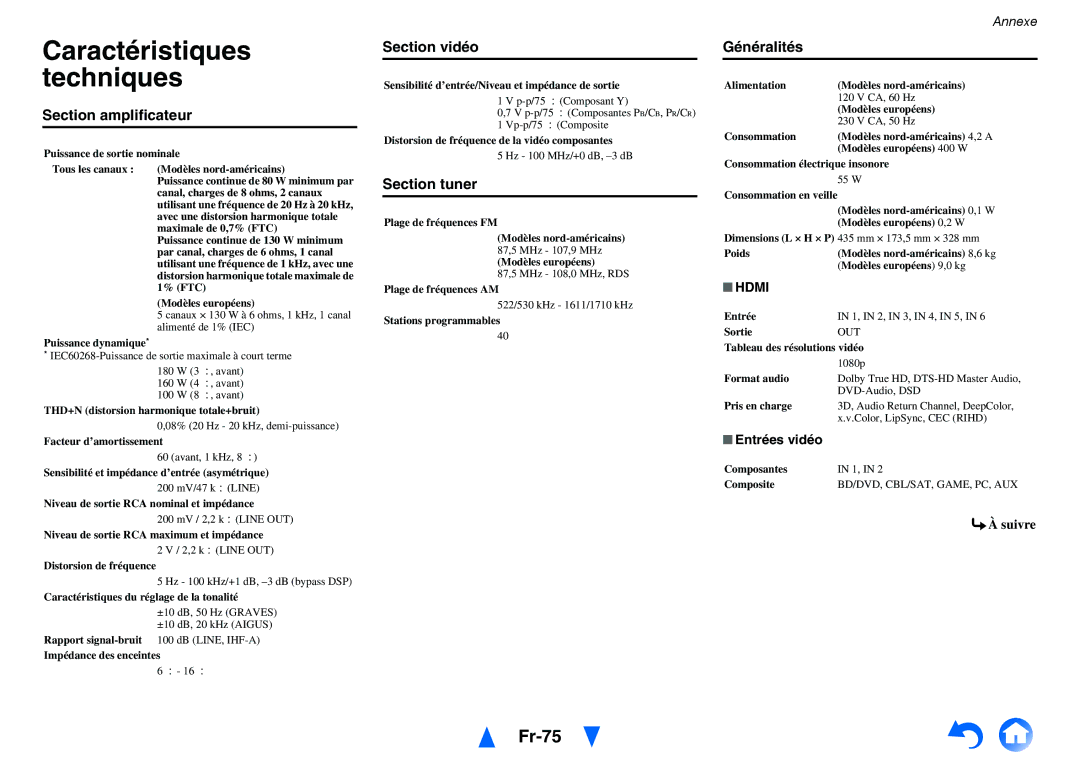 Onkyo TX-NR414 manual Caractéristiques techniques, Fr-75 