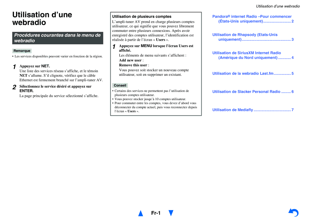 Onkyo TX-NR414 manual Utilisation d’une webradio, Fr-1, Procédures courantes dans le menu de webradio 