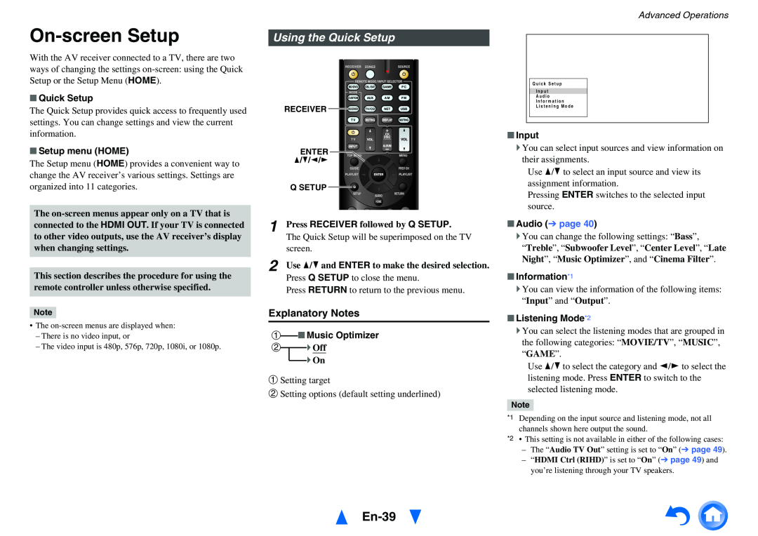 Onkyo TX-NR414 On-screenSetup, En-39, Using the Quick Setup, Explanatory Notes, Advanced Operations, Setup menu HOME 