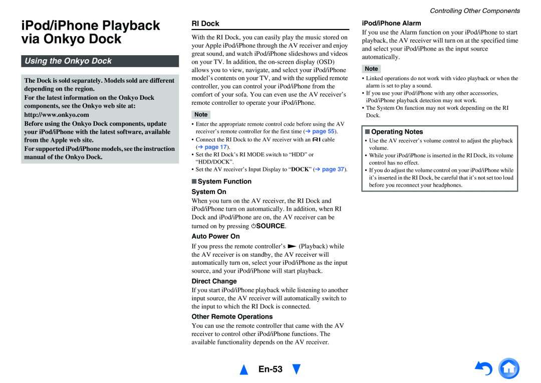 Onkyo TX-NR414 iPod/iPhone Playback via Onkyo Dock, En-53, Using the Onkyo Dock, RI Dock, System Function System On 
