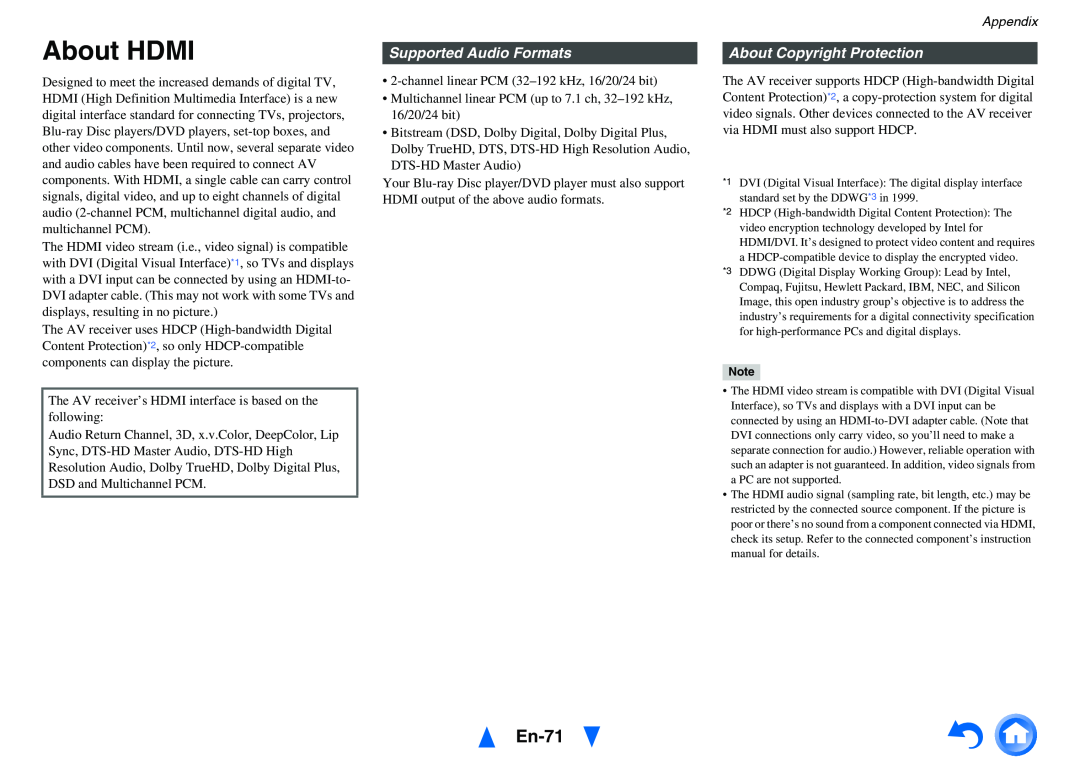 Onkyo TX-NR414 instruction manual About HDMI, En-71, Supported Audio Formats, About Copyright Protection, Appendix 